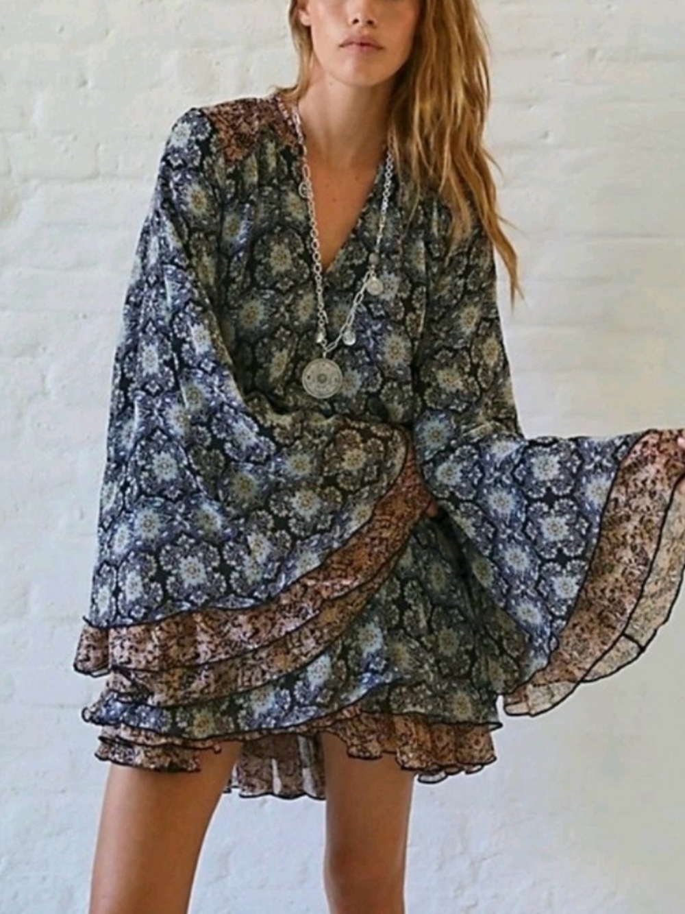 Free People - Gabi Colorful Floral Black Combo Tunic Mini Boho Dress Size XS
